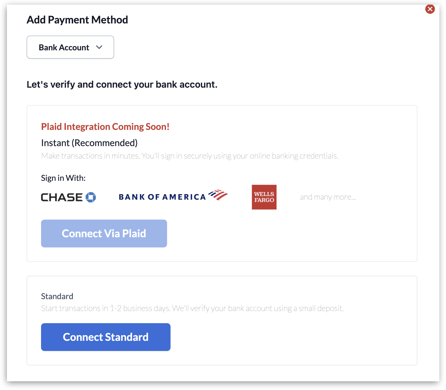 screenshot of bank payment method
